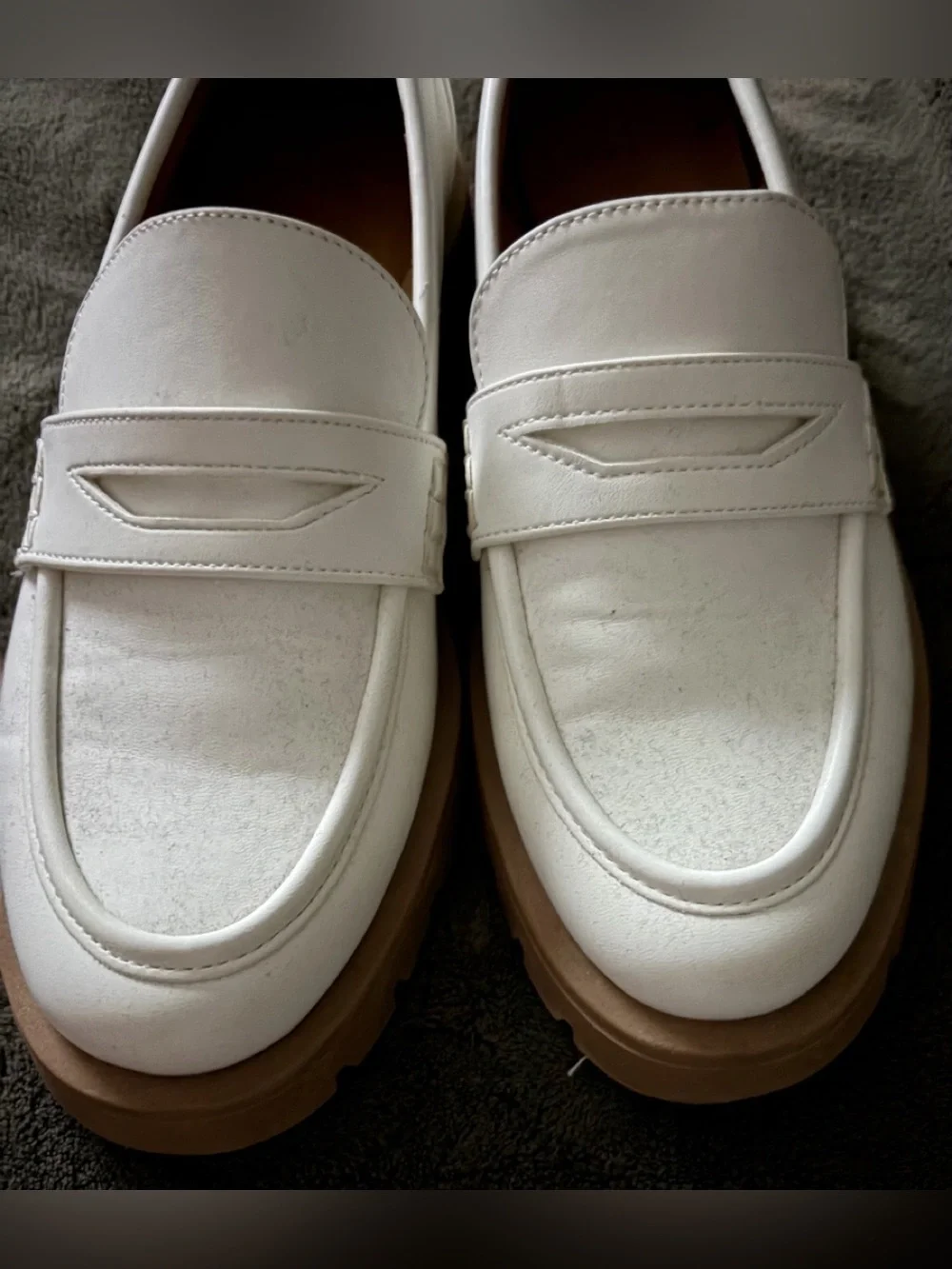 White Penny Loafers with Tan Lug Sole -